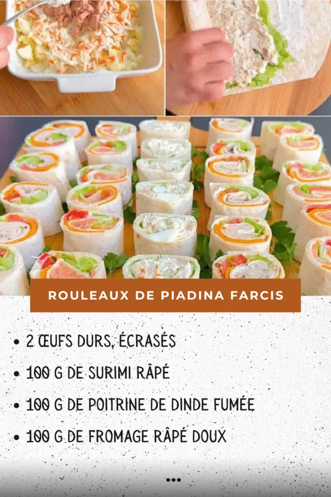 rouleaux de piadina farcis garnis de dinde, saumon et fromage