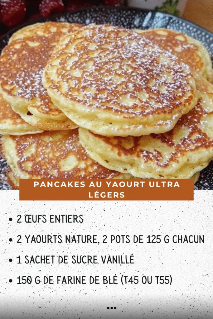Pile de pancakes dorés au yaourt sur une assiette avec fruits rouges et sirop d’érable, posée sur une table en bois rustique.