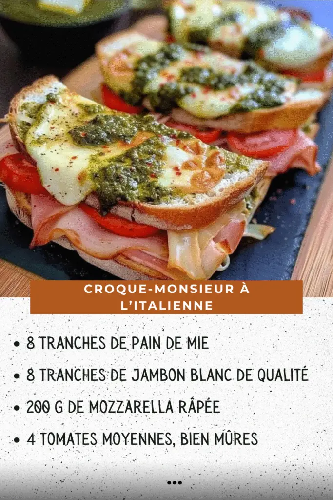Croque-monsieur à l’italienne doré et croustillant, garni de mozzarella fondue, tomates fraîches et pesto, servi avec une salade de roquette.