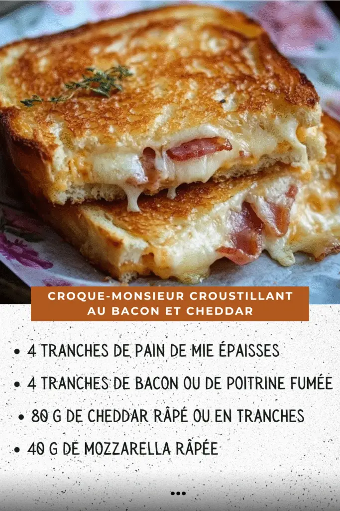 croque-monsieur croustillant au bacon & cheddar doré et fondant servi chaud avec une touche de thym frais