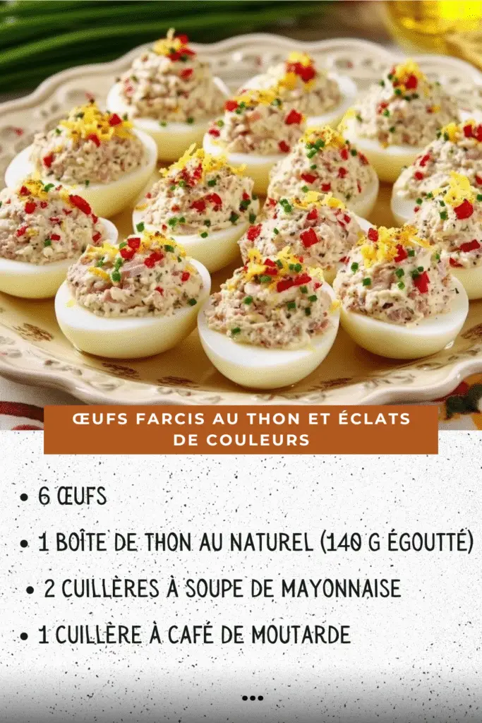 Œufs farcis au thon décorés de poivron rouge et ciboulette