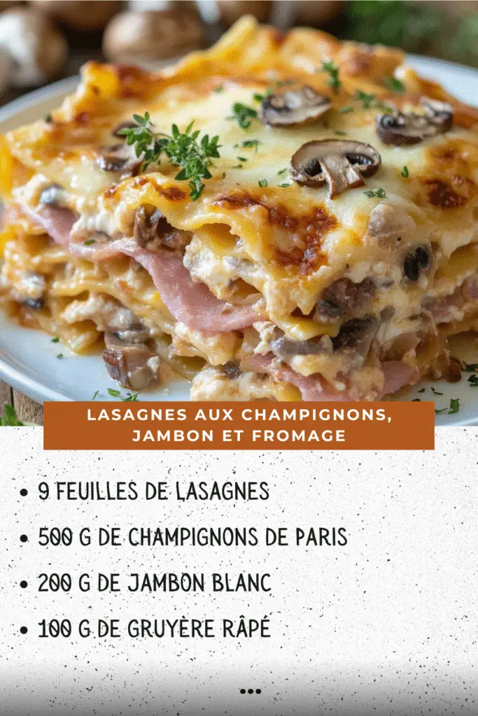 Lasagnes gratinées aux champignons, jambon et fromage dans un plat de cuisson