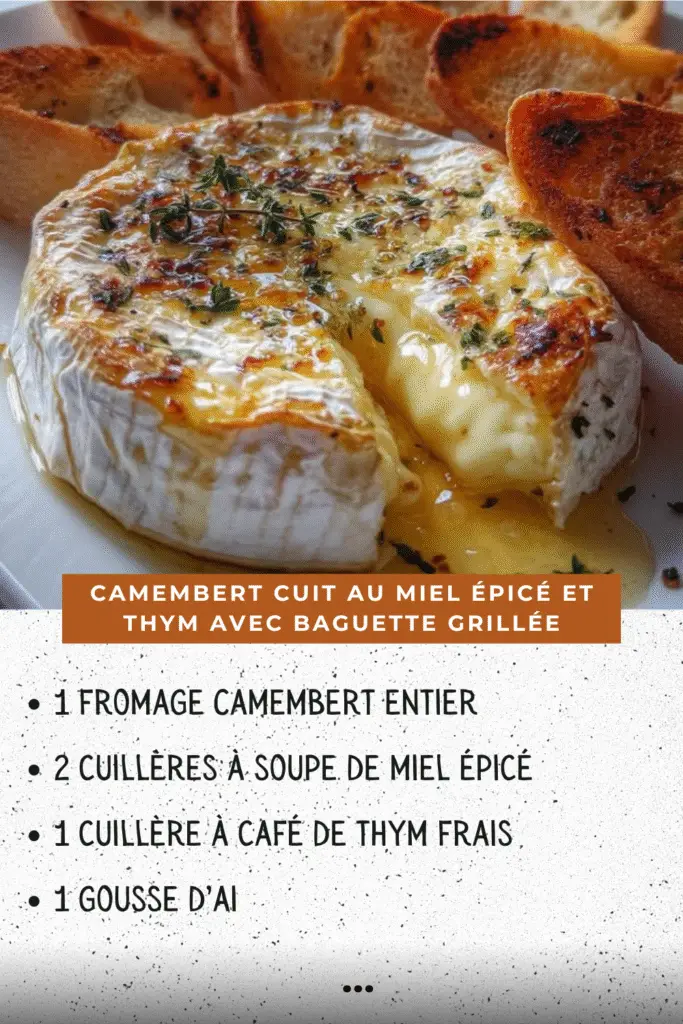 Camembert cuit au miel épicé et thym, servi chaud avec tranches de baguette grillée