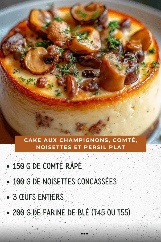 Cake salé moelleux aux champignons, comté et noisettes, tranché et prêt à servir