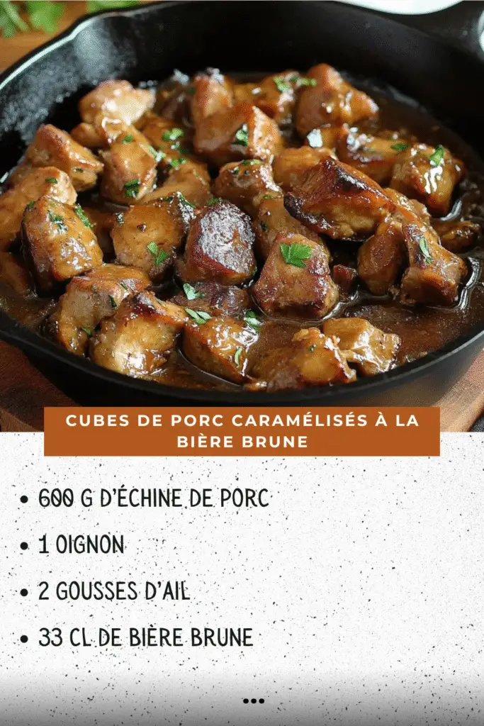 cubes de porc caramélisés à la bière brune dans une cocotte