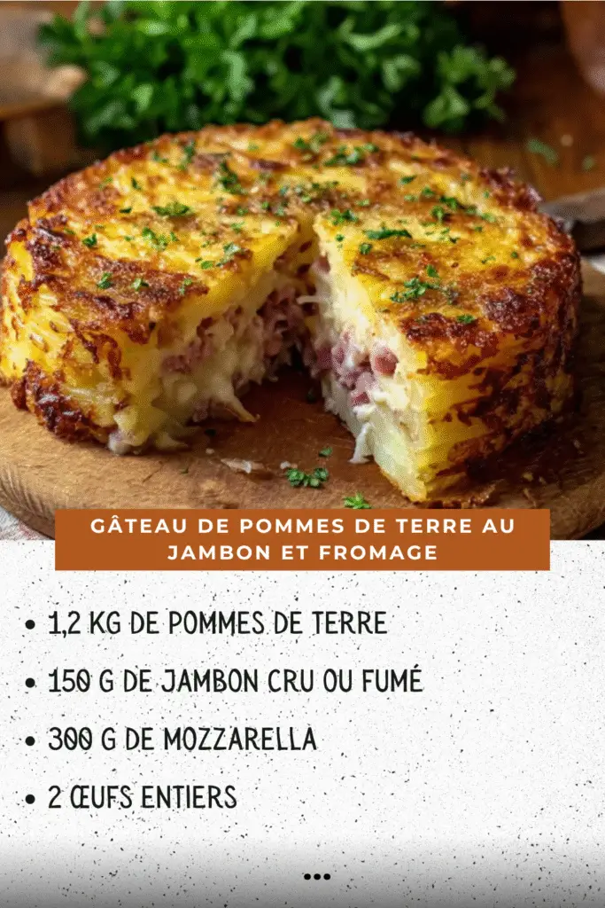 gâteau de pommes de terre au jambon et fromage fondant doré dans un plat à gratin