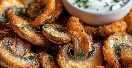 Champignons frits dorés et croustillants accompagnés d'une sauce ranch crémeuse, servis dans un bol rustique pour un apéritif gourmand fait maison.