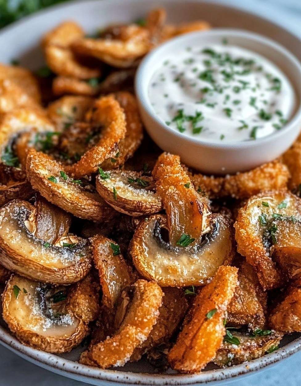 Champignons frits dorés et croustillants accompagnés d'une sauce ranch crémeuse, servis dans un bol rustique pour un apéritif gourmand fait maison.