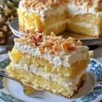 Part de gâteau tropical ananas et coco ultra moelleux, superposée de crème fouettée onctueuse et de garniture à l’ananas, décorée de copeaux de noix de coco grillés, dessert rafraîchissant et léger.