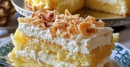 Part de gâteau tropical ananas et coco ultra moelleux, superposée de crème fouettée onctueuse et de garniture à l’ananas, décorée de copeaux de noix de coco grillés, dessert rafraîchissant et léger.