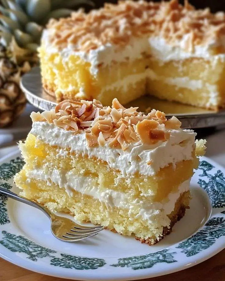 Part de gâteau tropical ananas et coco ultra moelleux, superposée de crème fouettée onctueuse et de garniture à l’ananas, décorée de copeaux de noix de coco grillés, dessert rafraîchissant et léger.