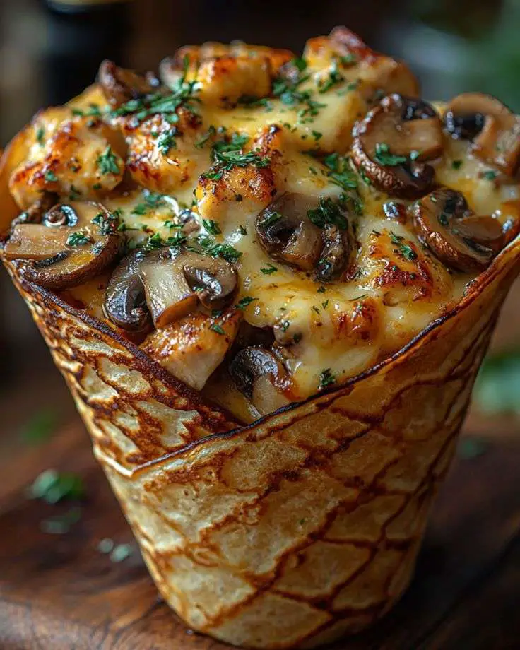 Crêpes au poulet, champignons et sauce crémeuse