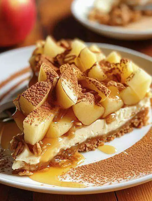 Gros plan sur une part de cheesecake pomme et crumble croustillant, nappée de caramel et de cacao, servie sur une assiette.