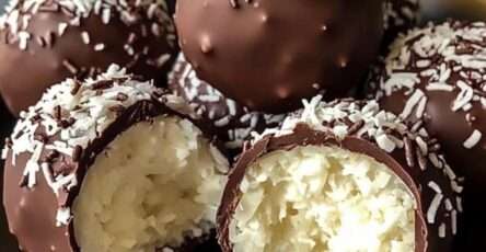bounty maison enrobés de chocolat, coupés en deux avec garniture coco visible