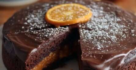 gâteau au chocolat et orange moelleux, tranché avec zeste d’orange en décoration