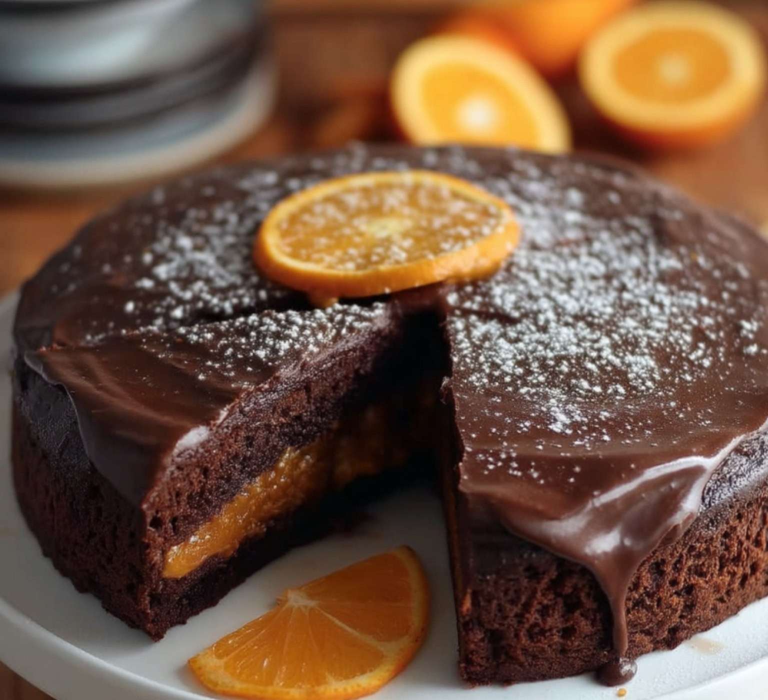 gâteau au chocolat et orange moelleux, tranché avec zeste d’orange en décoration