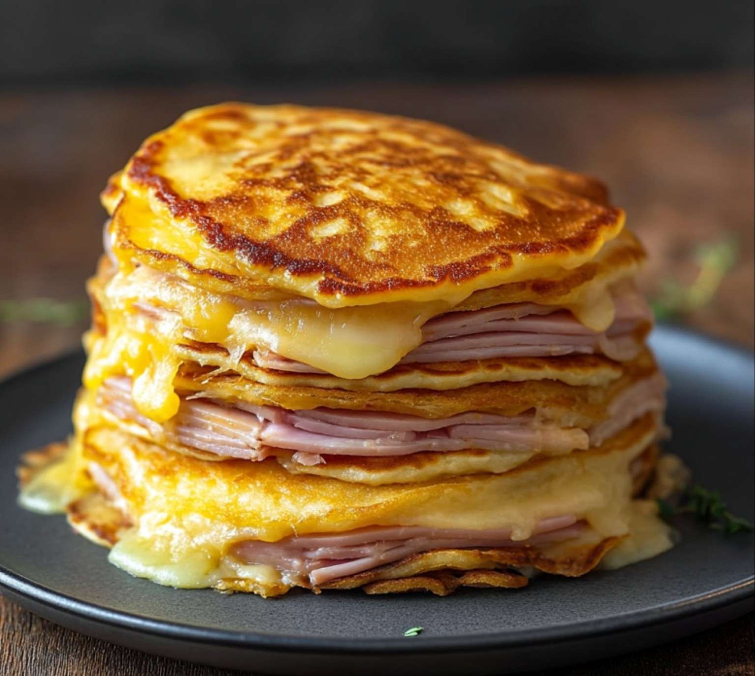 pancakes salés au jambon et fromage servis chauds