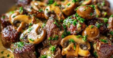 Bouchées de steak au beurre à l'ail et sauce aux champignons