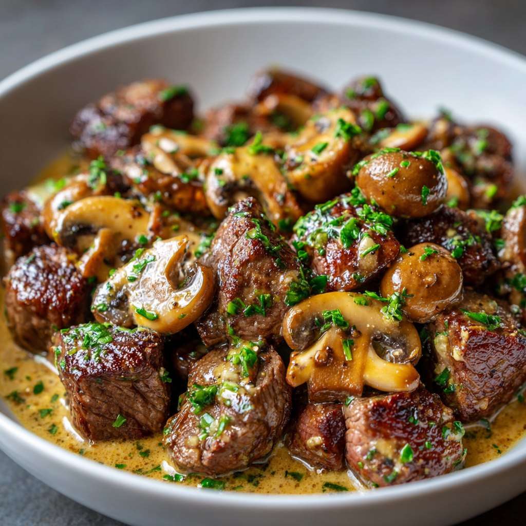 Bouchées de steak au beurre à l'ail et sauce aux champignons