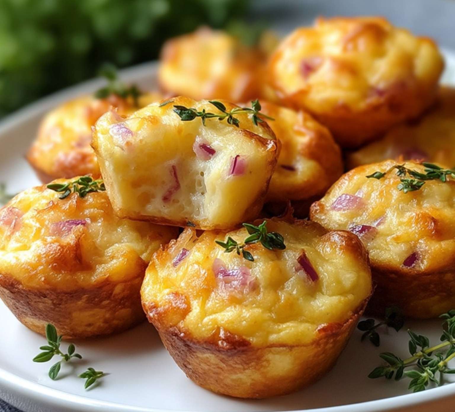 mini muffins salés dorés au fromage et oignons rouges dans un plat de service