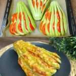 Montage complet de la recette de casserole de courgettes et tomates au four : présentation des légumes crus disposés en éventail et plat final gratiné et doré.