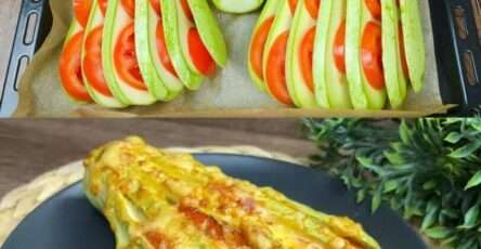 Montage complet de la recette de casserole de courgettes et tomates au four : présentation des légumes crus disposés en éventail et plat final gratiné et doré.