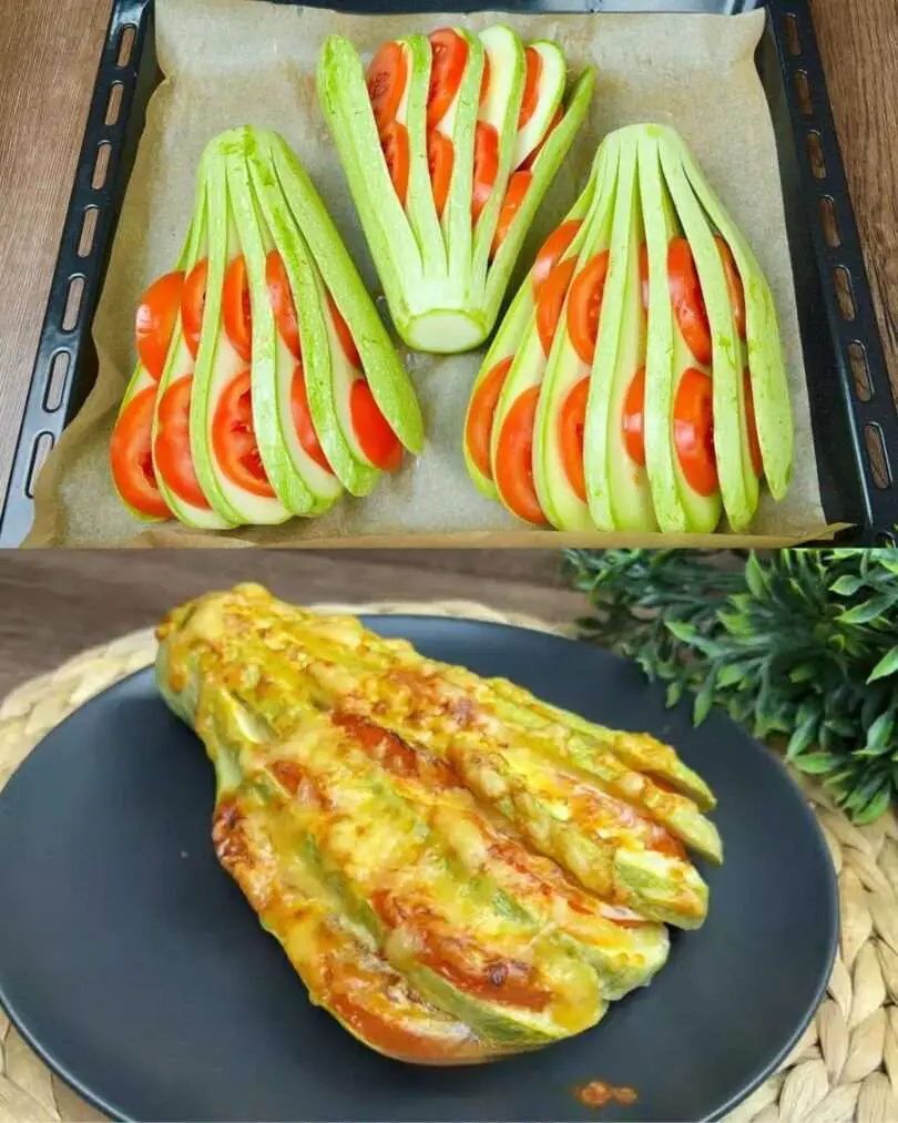 Montage complet de la recette de casserole de courgettes et tomates au four : présentation des légumes crus disposés en éventail et plat final gratiné et doré.