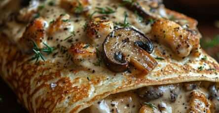 Crêpes au poulet, champignons et sauce crémeuse