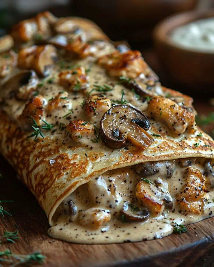 Crêpes au poulet, champignons et sauce crémeuse