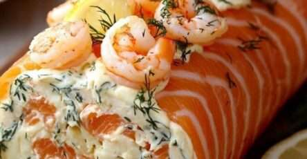Roulé de saumon fumé au fromage frais, crevettes et aneth sur assiette décorée
