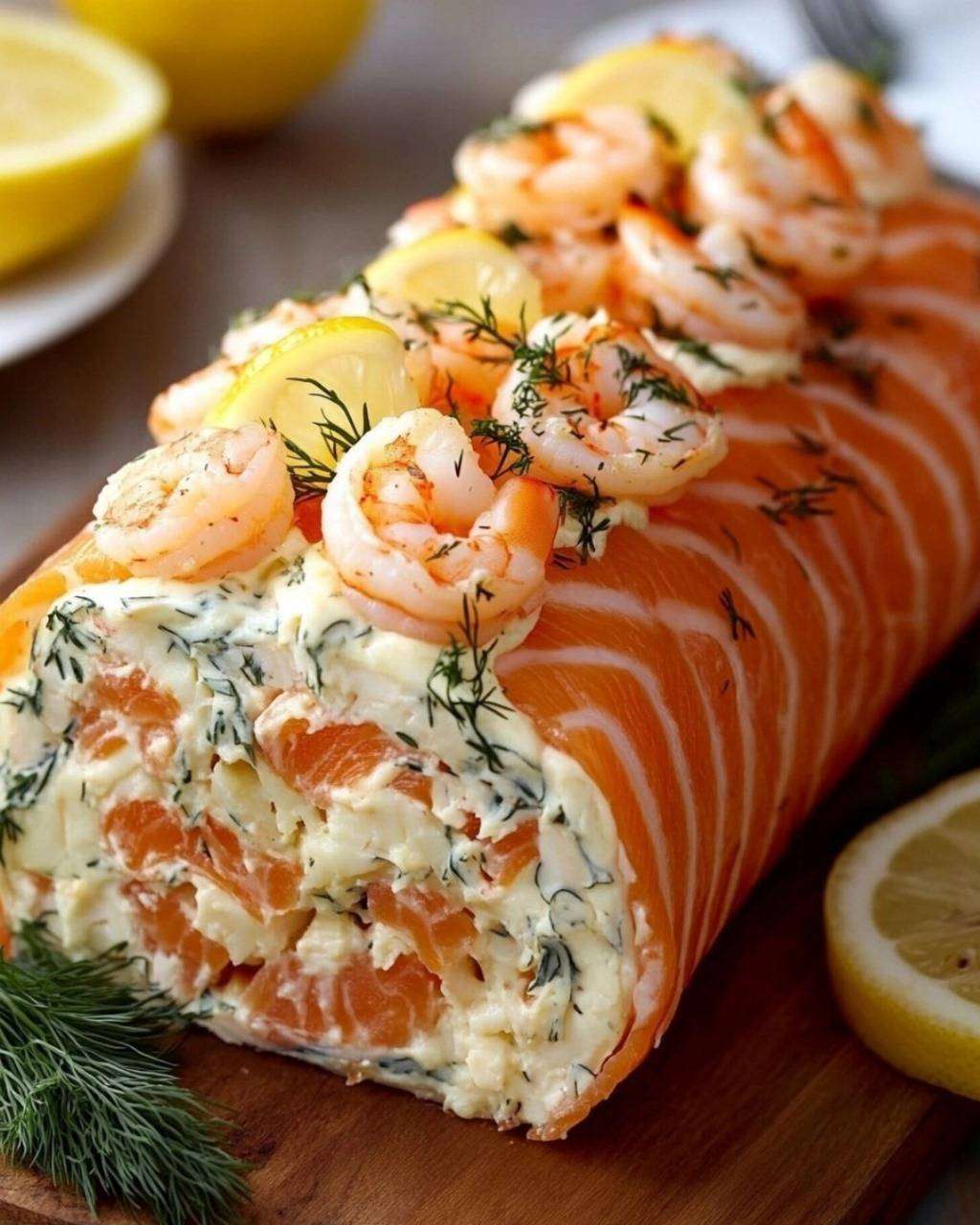 Roulé de saumon fumé au fromage frais, crevettes et aneth sur assiette décorée