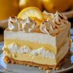 Cheesecake citron meringué à trois couches avec base biscuitée, lemon curd et meringue dorée