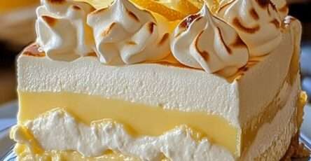 Cheesecake citron meringué à trois couches avec base biscuitée, lemon curd et meringue dorée