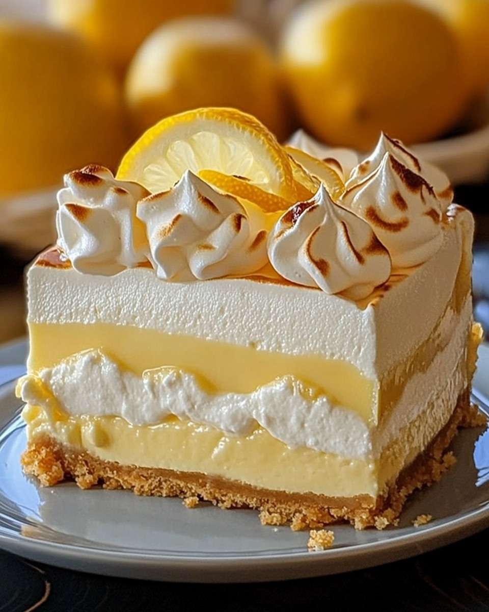 Cheesecake citron meringué à trois couches avec base biscuitée, lemon curd et meringue dorée