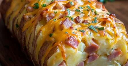 Pain de pommes de terre farci au jambon et au fromage doré et fondant
