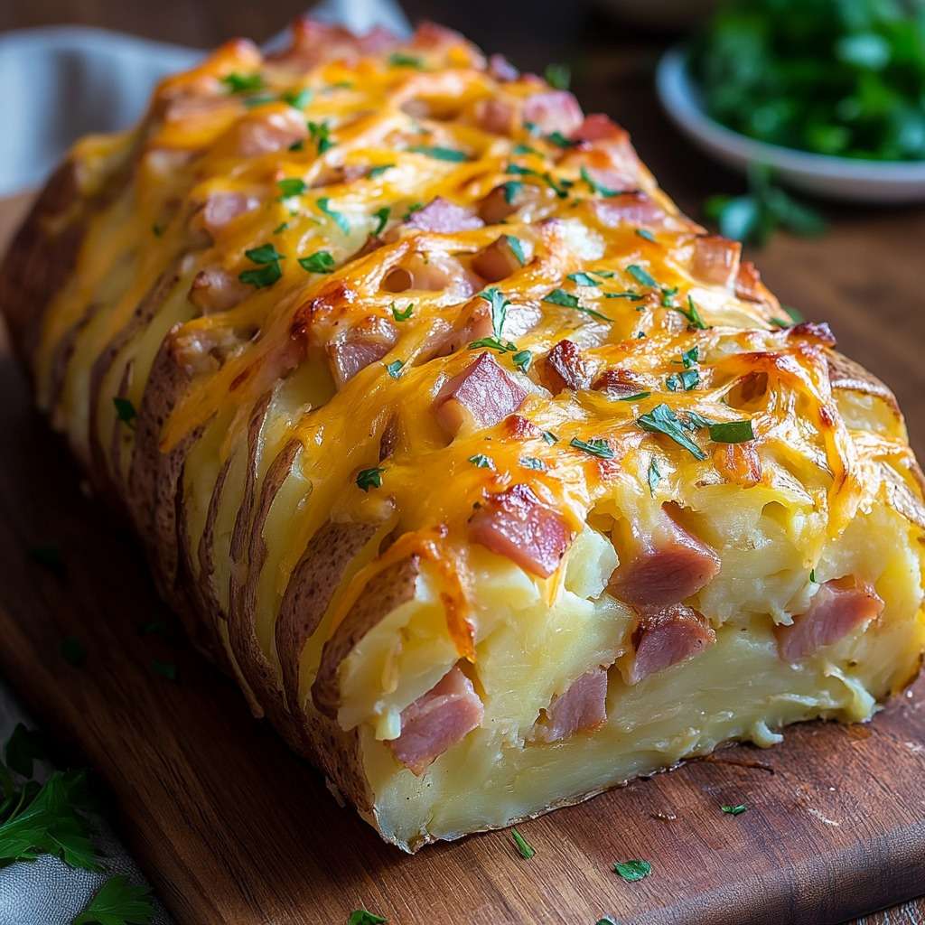 Pain de pommes de terre farci au jambon et au fromage doré et fondant