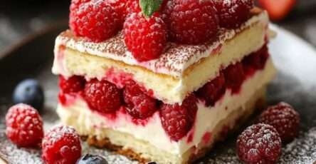 Tiramisu aux framboises et fruits rouges en verrines avec crème mascarpone et feuilles de menthe