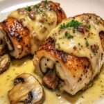 Blancs de poulet farcis aux champignons et au fromage, dorés au four et servis avec persil frais