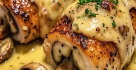 Blancs de poulet farcis aux champignons et au fromage, dorés au four et servis avec persil frais