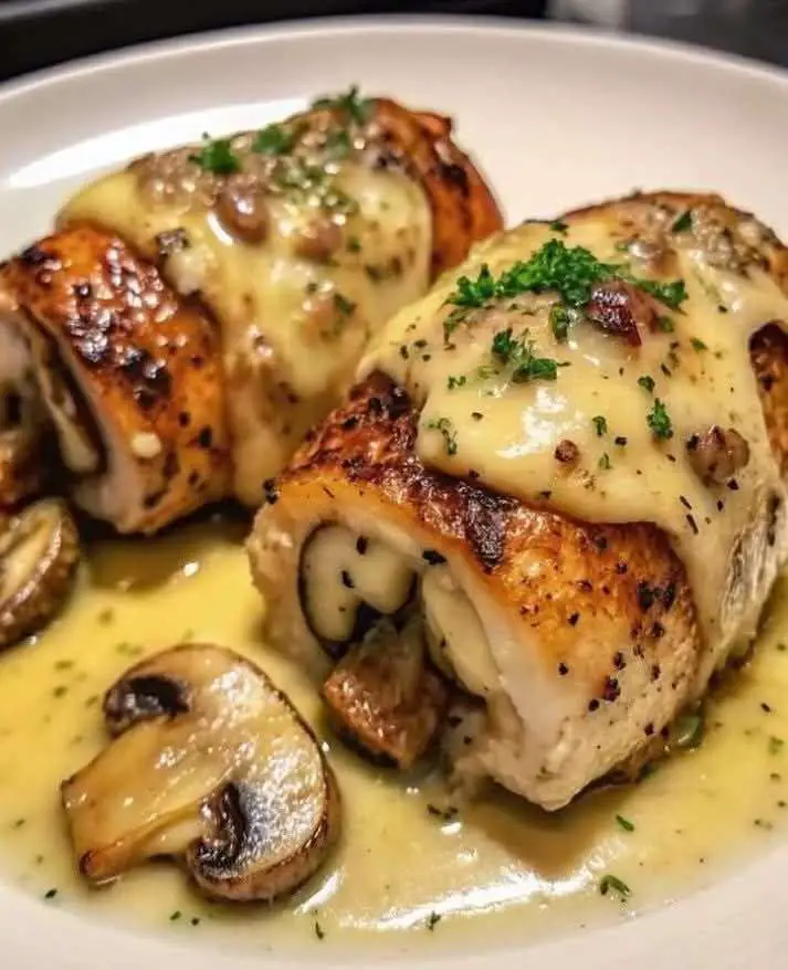 Blancs de poulet farcis aux champignons et au fromage, dorés au four et servis avec persil frais