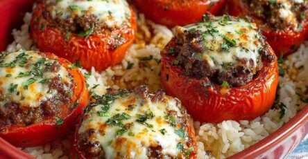 Tomates farcies au riz et viande hachée gratinées au four avec herbes de Provence