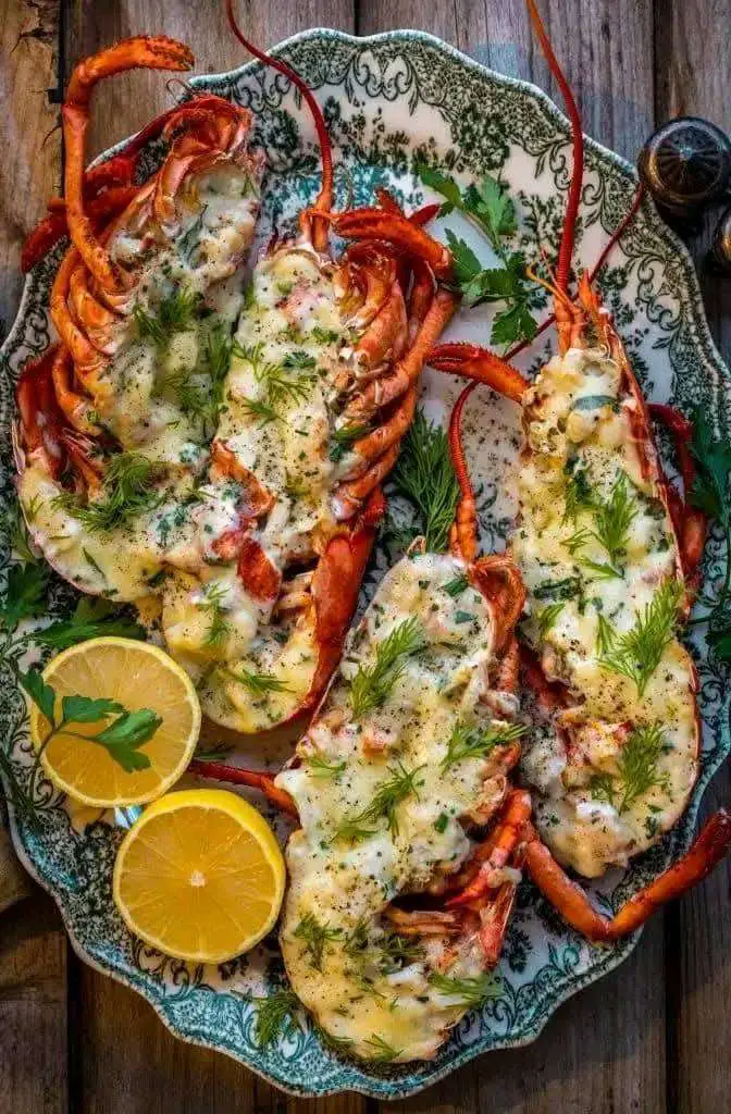 Gambas grillées au beurre d’ail et persil servies avec des tranches de citron