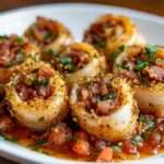 Calmars farcis au bacon dans une assiette avec persil et vin blanc