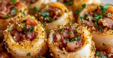 Calmars farcis au bacon dans une assiette avec persil et vin blanc