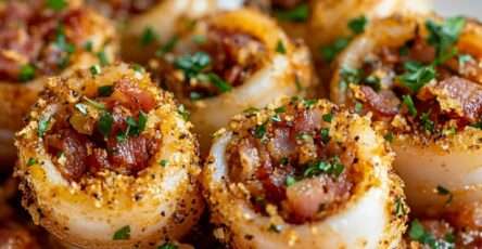 Calmars farcis au bacon dans une assiette avec persil et vin blanc