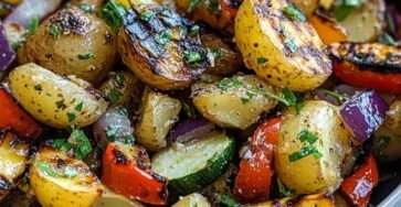 Salade colorée de pommes de terre rôties et légumes grillés aux herbes dans un grand bol noir