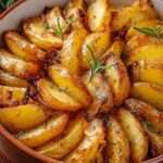 Pommes de terre coupées en quartiers, rôties au four avec herbes aromatiques, présentation soignée dans un plat en céramique rustique.
