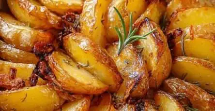Pommes de terre coupées en quartiers, rôties au four avec herbes aromatiques, présentation soignée dans un plat en céramique rustique.