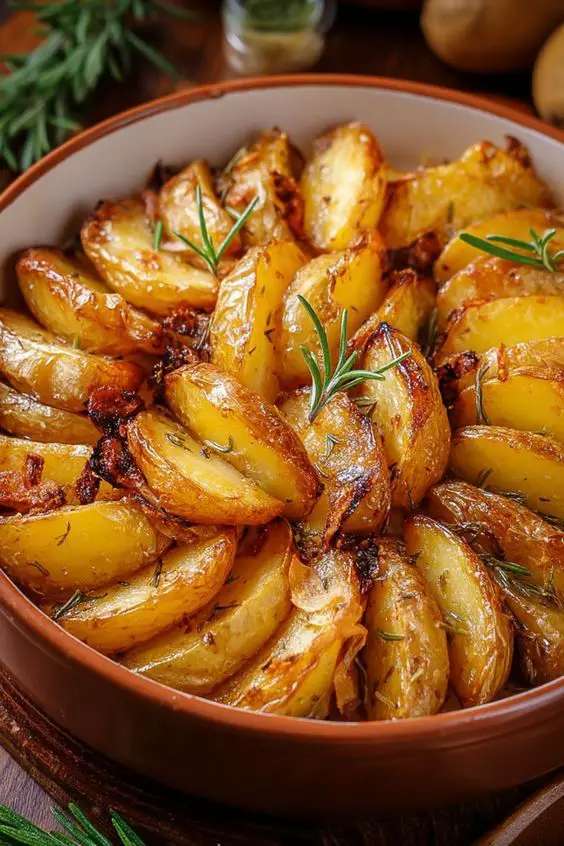 Pommes de terre coupées en quartiers, rôties au four avec herbes aromatiques, présentation soignée dans un plat en céramique rustique.