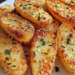 Assiette de pommes de terre croustillantes au parmesan au four, parfaitement dorées et croustillantes, parsemées de persil frais, accompagnement gourmand et savoureux.